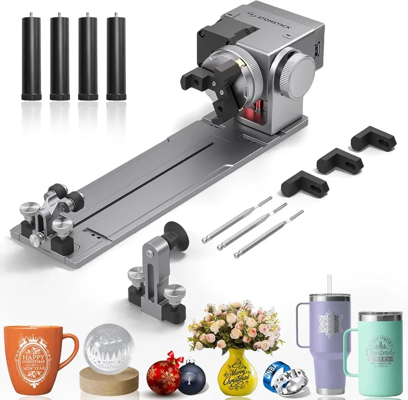 R8 Rotary Chuck - Laser Rotatieroller - Accessoires voor lasergraveermachines - met 4 Hefboomvoetjes - Rotatie-as 180° Draaibaar - Laser Rotatie Roller - voor Graveren op Cilindrische Voorwerpen, Ballen, Ringen en Onregelmatige Vormen van Atomstack – productfoto
