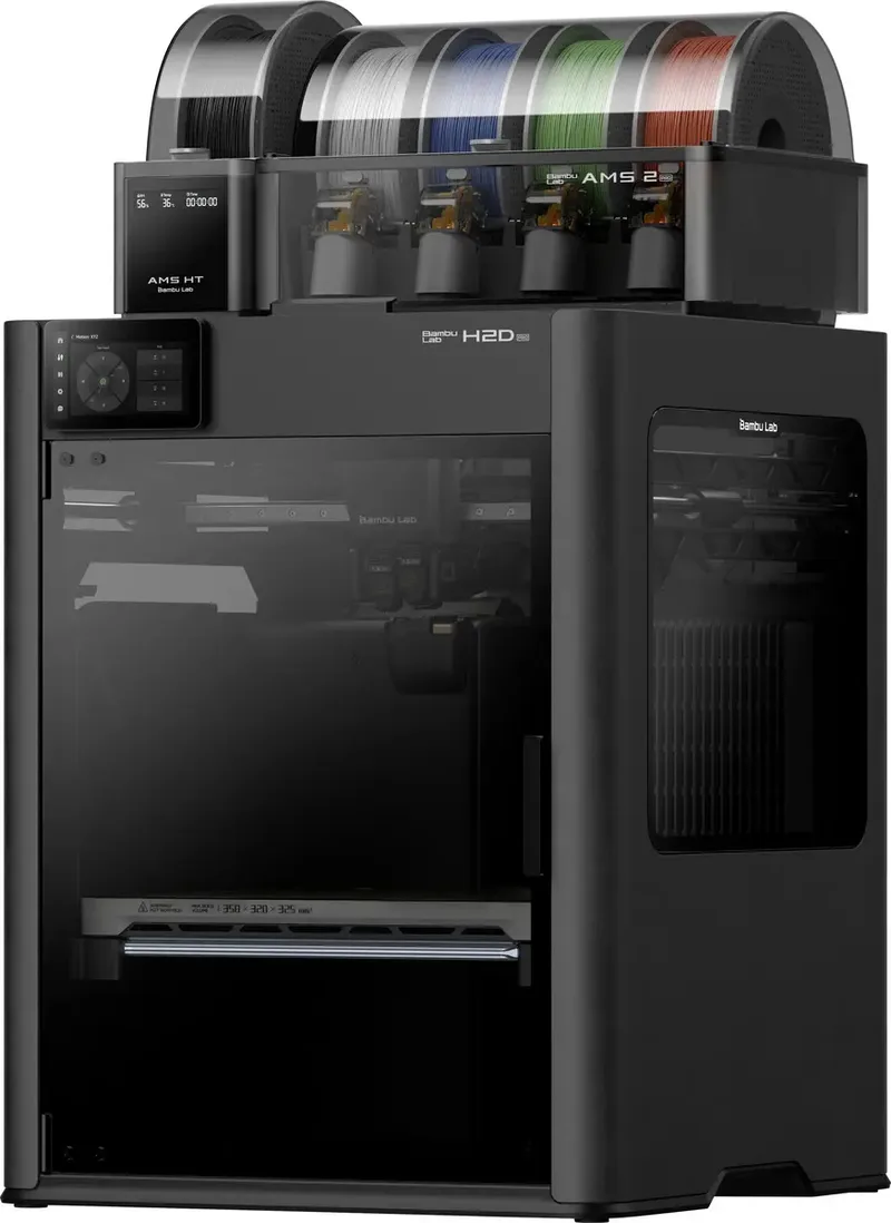 H2D Pro (AMS 2 Pro + AMS HT) 3D Drucker Dual-Düsen-System (Dual Extruder), 12,7 cm Farb-Touchscreen, integrierte Kamera, App-Anbindung, Flammensensor von Bambu Lab – Produktfoto