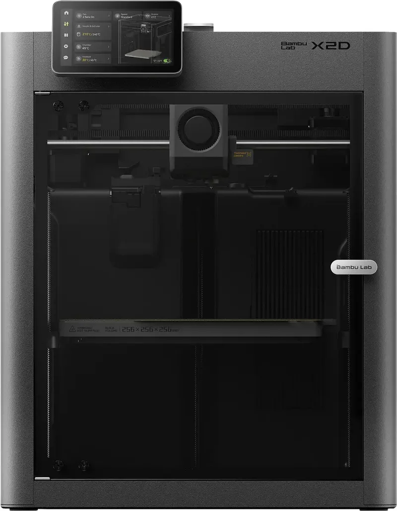 X2D 3D Drucker Dual-Düsen-System (Dual Extruder), 12,7 cm Farb-Touchscreen, integrierte Kamera, App-Anbindung, Kammerheizung, beheizbares Druckbett von Bambu Lab – Produktfoto