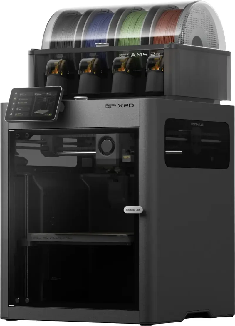 X2D Combo (AMS 2 Pro) 3D Drucker Dual-Düsen-System (Dual Extruder), 12,7 cm Farb-Touchscreen, integrierte Kamera, App-Anbindung, Kammerheizung von Bambu Lab – Produktfoto