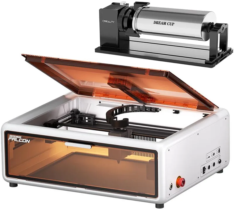 A1 10W Lasergraveermachine - 600mm/s-0,06mm precisie-camera & materiaaldetectie + A1 Roterende Module 3‑in‑1 Laser Rotary Kit voor bollen-ringen-cilindrische objecten Zwart van Creality – productfoto