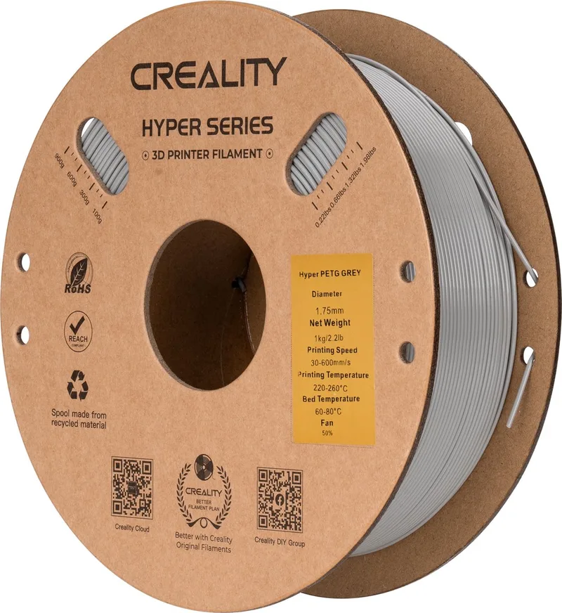 Hyper PETG 3D-Printer Filament - 1,75mm 1kg - Hoge Sterkte - Uitstekende Laaghechting - Duurzaam Printmateriaal - Geschikt voor FDM 3D-Printers van Creality in Grijs – productfoto