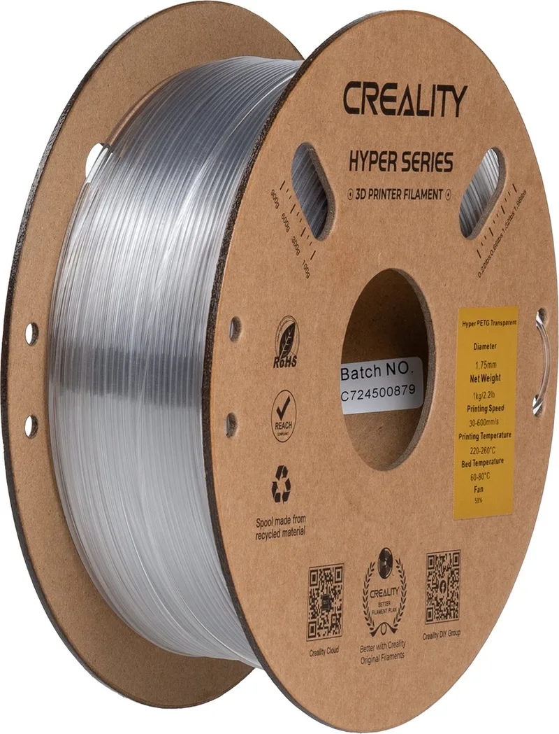 Hyper PETG 3D-Printer Filament - 1,75mm 1kg - Hoge Sterkte - Uitstekende Laaghechting - Duurzaam Printmateriaal - Geschikt voor FDM 3D-Printers van Creality in Transparant – productfoto