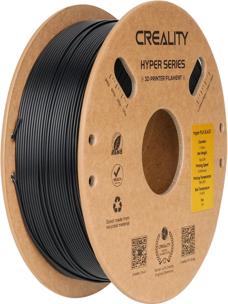 Hyper PLA 3D-Printer Filament - 1,75mm 1kg - Hoge Printsnelheid - Consistente Printkwaliteit - Gebruiksvriendelijk Materiaal - Geschikt voor FDM 3D-Printers van Creality in Zwart – productfoto