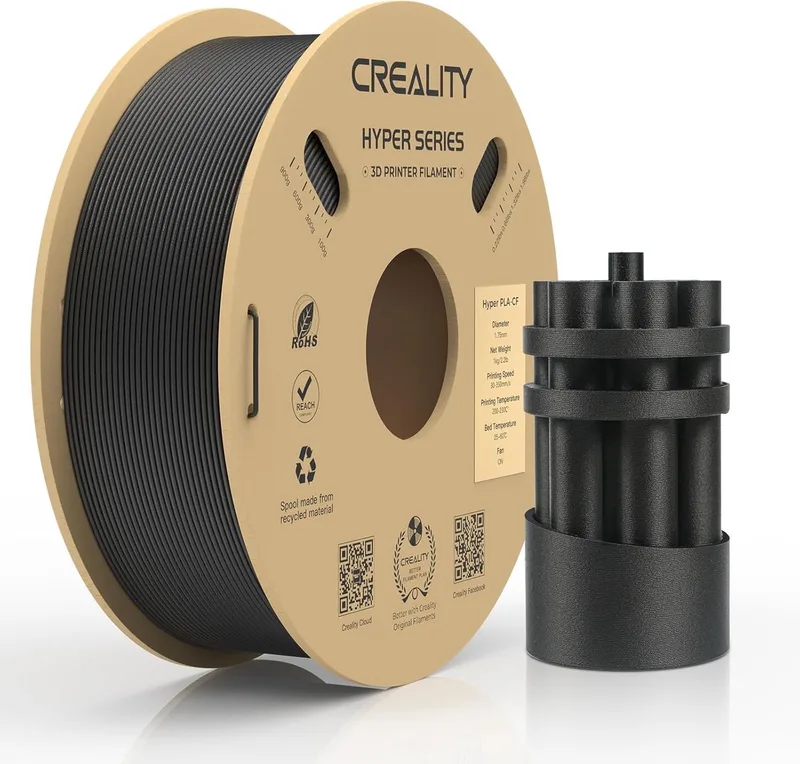 Hyper PLA-CF Filament - PLA van koolstofvezel met hoge snelheid - filament 3d printer - Matte premium uitstraling - Extreem hoge stijfheid en lichtgewicht - Hoge slijtvastheid - 1,75 mm - 1 kg - 3D Printer Filament van Creality in Zwart – productfoto