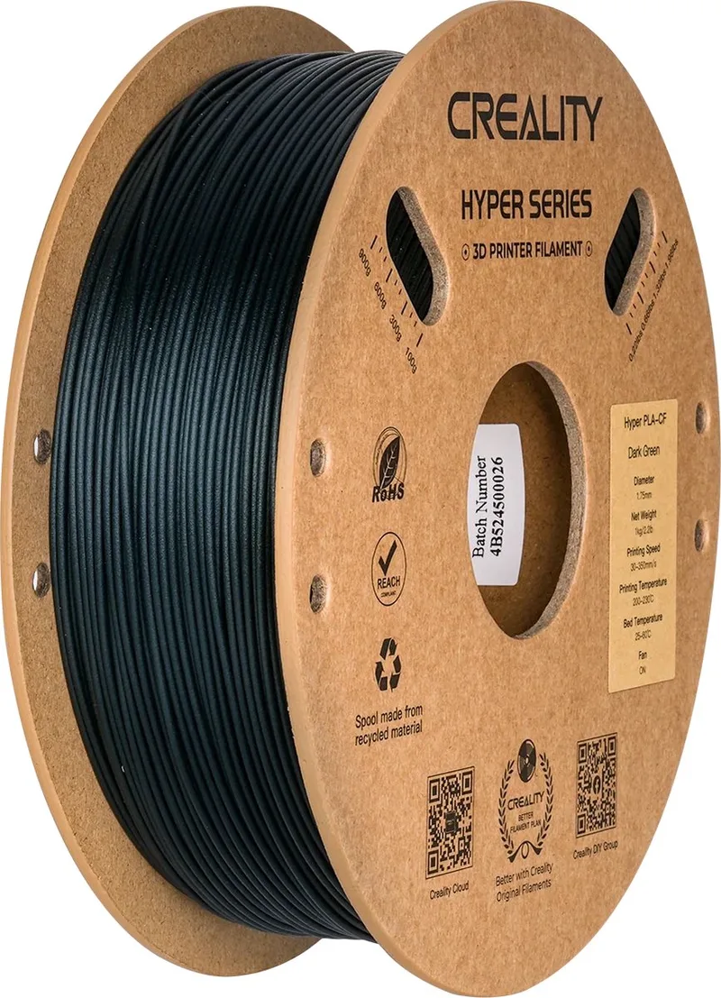 Hyper PLA-CF Filament - PLA van koolstofvezel met hoge snelheid - filament 3d printer - Matte premium uitstraling - Extreem hoge stijfheid en lichtgewicht - Hoge slijtvastheid - 1,75 mm - 1 kg - 3D Printer Filament van Creality in Donkergroen – productfoto