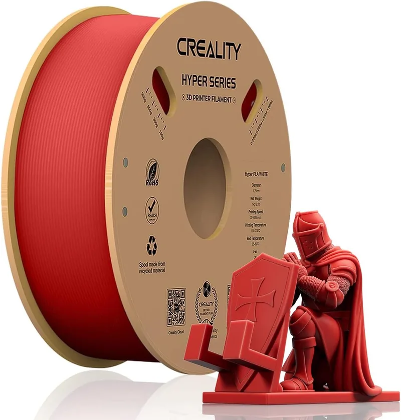 Hyper PLA Filament - Rood - 1,75 mm - 1 kg - 3D-printerfilament voor Snel Printen - Sterke Hechting & Uitstekende Overhangprestaties - 3D Printer Filament - Dimensionale nauwkeurigheid ±0,02 mm - Past op de meeste FDM 3D-printers van Creality in Rood – productfoto