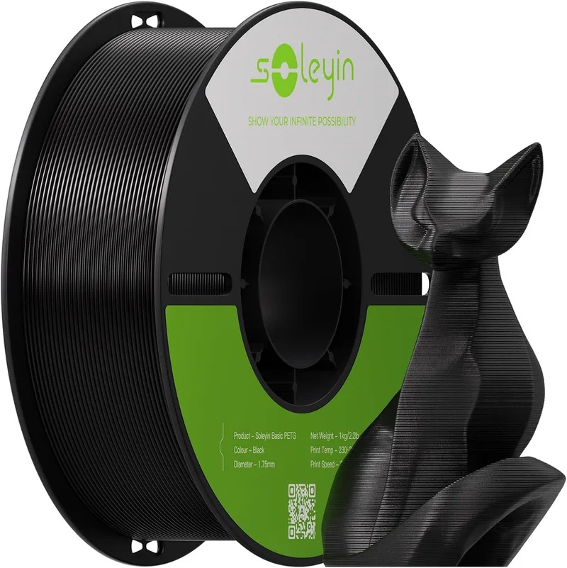 Soleyin Basic PETG Filament - 3D Printer Filament - 1,75 mm - 1 kg - sterke en taaie glansafwerking - filament 3d printer - PETG is sterker en hittebestendiger - Eindproduct kan buiten in vochtige omstandigheden worden geplaatst van Creality in Zwart – productfoto