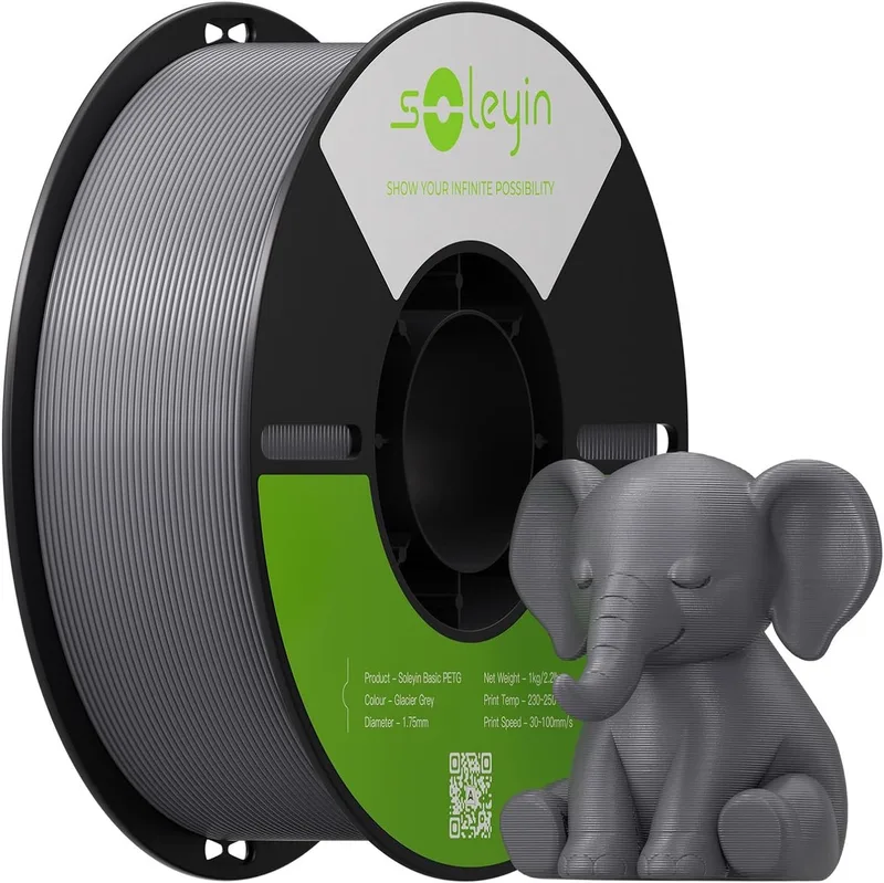 Soleyin Basic PETG Filament - 3D Printer Filament - 1,75 mm - 1 kg - sterke en taaie glansafwerking - filament 3d printer - PETG is sterker en hittebestendiger - Eindproduct kan buiten in vochtige omstandigheden worden geplaatst van Creality in Grijs – productfoto