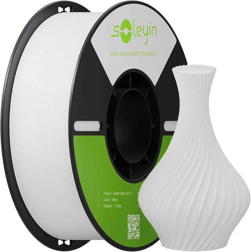 Soleyin Basic PETG Filament - 3D Printer Filament - 1,75 mm - 1 kg - sterke en taaie glansafwerking - filament 3d printer - PETG is sterker en hittebestendiger - Eindproduct kan buiten in vochtige omstandigheden worden geplaatst van Creality in Wit – productfoto
