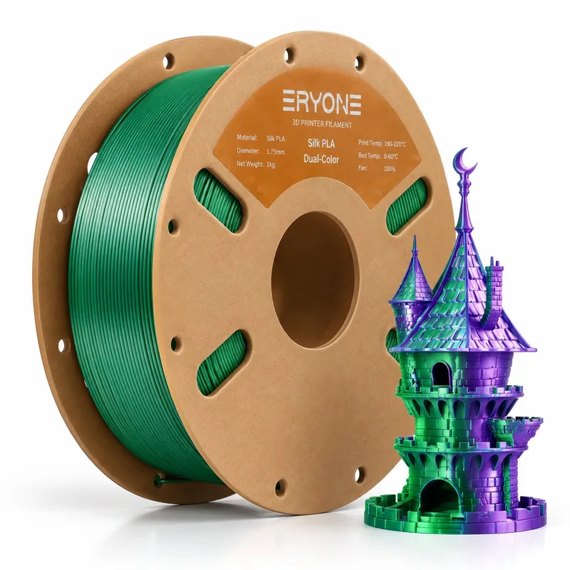 Silk PLA Dual Color Filament Groen Paars 1.75mm – 1kg – Two Color 3D Printer Filament – Zijdeglans PLA van Eryone – productfoto