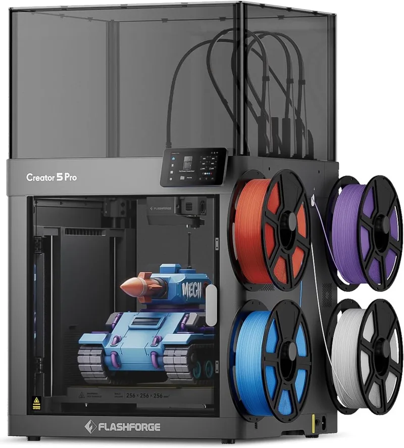 Creator 5 Pro - Professionele 3D-printer met 4 onafhankelijke koppen, FlashSwap 7-sec wissel, verwarmde kamer 65°C, HEPA13-filter, CoreXY 600 mm/s en 256x256x256 mm bouwvolume - Voor industriële toepassingen van Flashforge in Zwart – productfoto