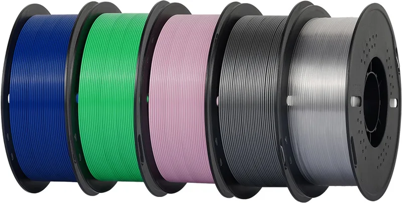 Kleurenassortiment PETG Filament 1,75 mm – 5 kg – 5 Rollen van 1 kg – Donkerblauw, Groen, Roze, Zilver & Transparant – 3D Printer Filament van Kingroon in 5 kg – Donkerblauw, Groen, Roze, Zilver, Transparant – productfoto