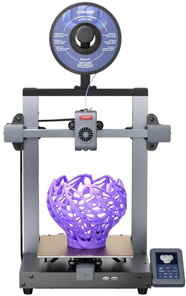 LK10 3D-printer, 500mm/s printsnelheid, 0,1mm nauwkeurigheid, 225×225×265mm bouwvolume, volledig automatisch waterpassen, 4,3-inch touchscreen, dubbele Z-as, 300°C hotend, WiFi/LAN/USB-connectiviteit, compatibel met PLA/PETG/ABS/ASA/TPU van Longer in Zwart – productfoto