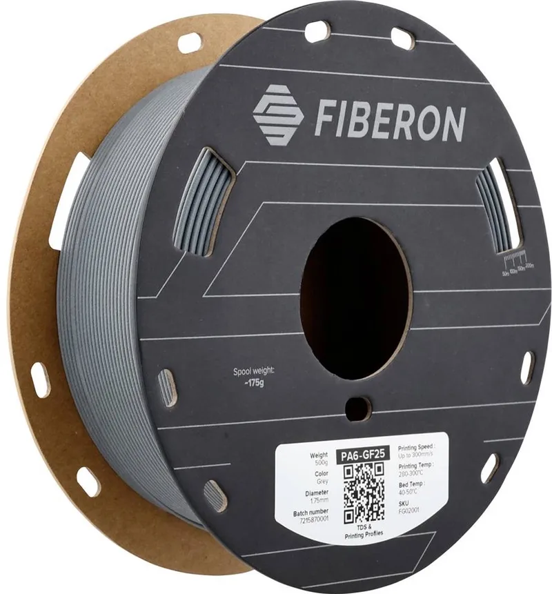 FG02001 Fiberon™ PA6-GF25 Filament PA6-GF Glasvezelversterkt, Hittebestendig, Niet-trekkend 1.75 mm 500 g Gri van Polymaker in Kleurloos – productfoto 1 van 2