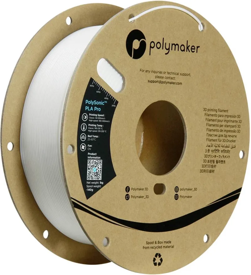 PA13001 Filament PLA+ Highspeed filament, Slagvast 1.75 mm 1000 g Wit PolySonic™ 1 stuk(s) van Polymaker in Kleurloos – productfoto