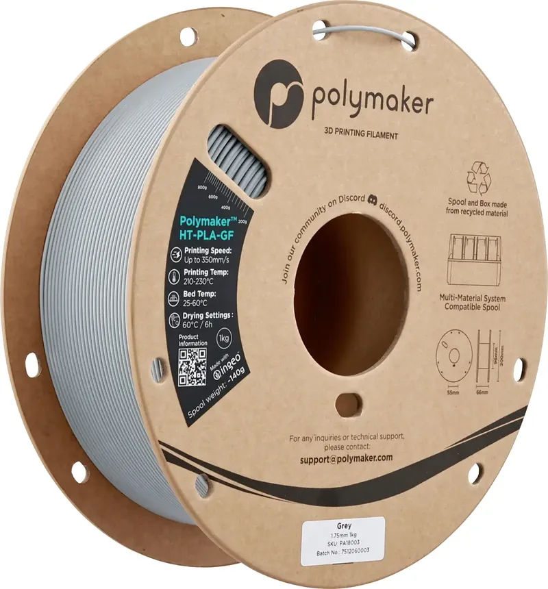 PA18003 HT-PLA-GF Filament HT-PLA-GF Hochtemperaturbeständig, Glasfaserverstärkt, Matt, Highspeed Filament 1.75 mm 1000 g Grau 1 St. von Polymaker – Produktfoto