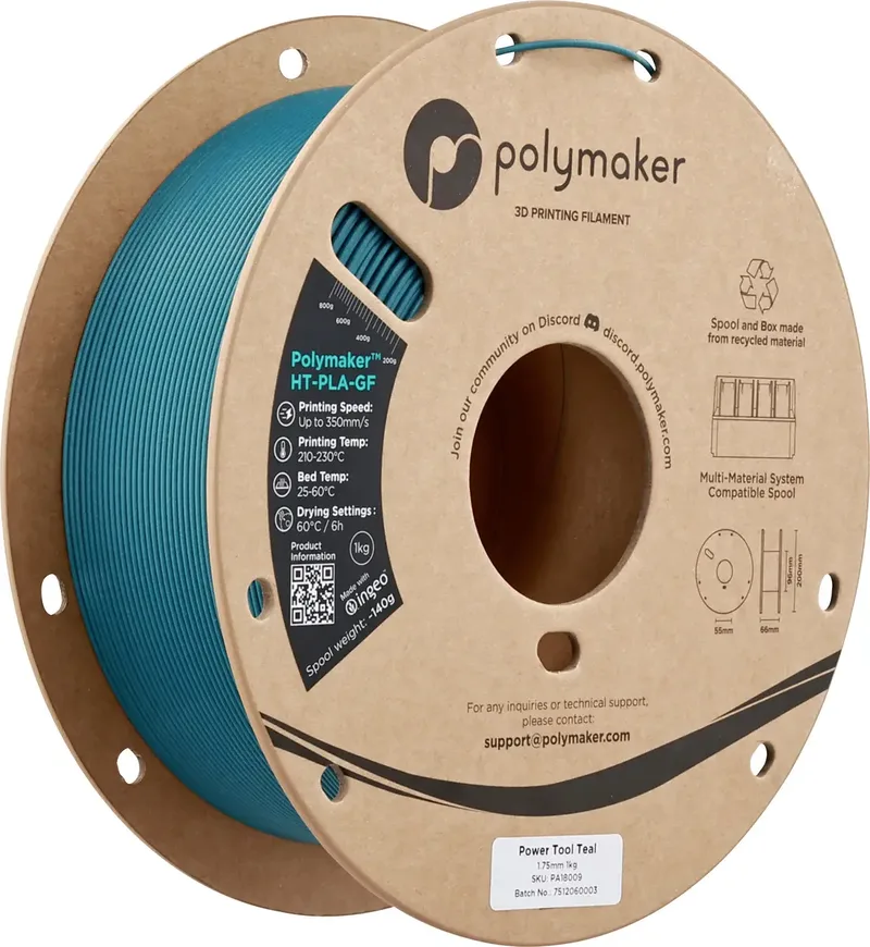 PA18009 HT-PLA-GF Filament HT-PLA-GF Hochtemperaturbeständig, Glasfaserverstärkt, Matt, Highspeed Filament 1.75 mm 1000 g Power Tool Teal, Teal 1 St. von Polymaker – Produktfoto