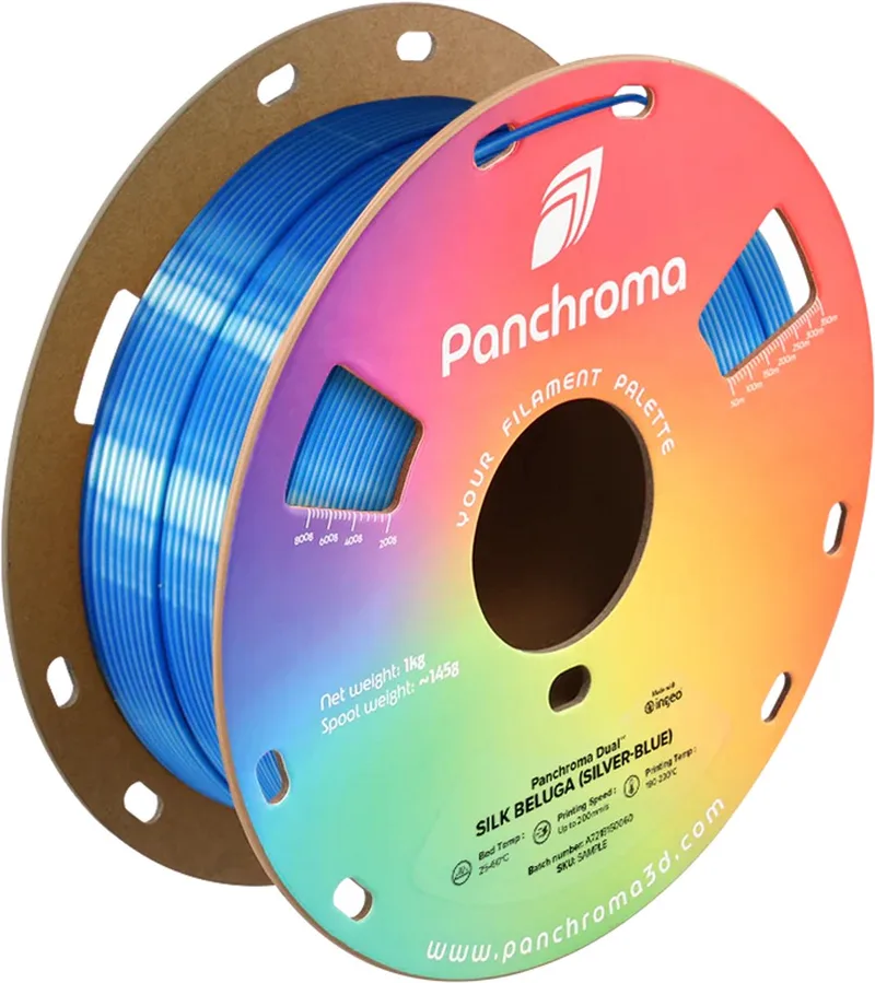 Panchroma Dual Silk Beluga (Silver Blue) PLA 3D filament 1,75mm 1kg van Polymaker in Zilver Blauw – productfoto