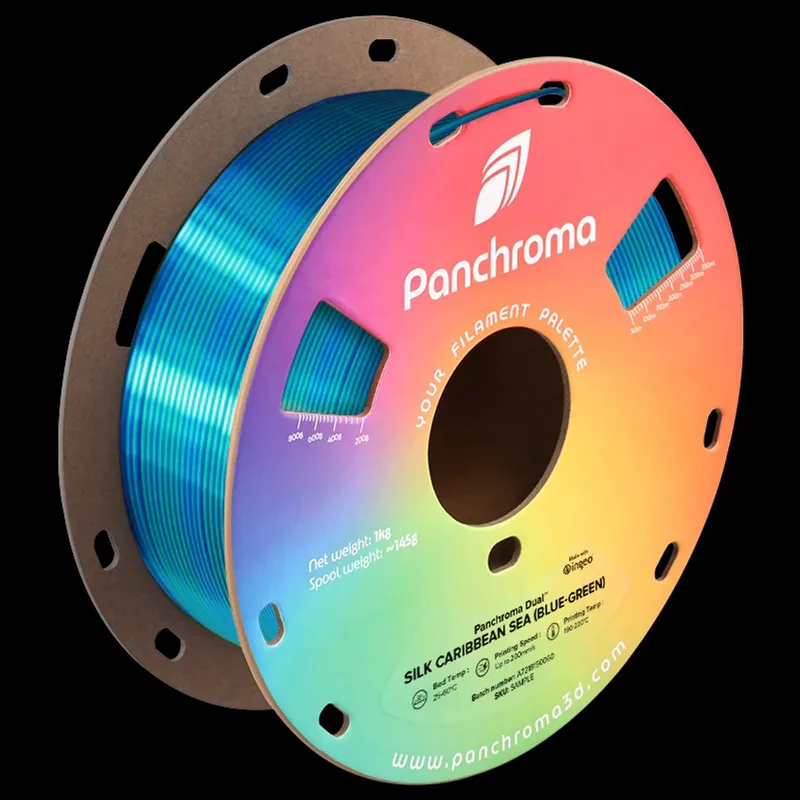 Panchroma Dual Silk Caribbean Sea PLA 3D filament 1,75mm 1kg van Polymaker in Blauw Groen – productfoto