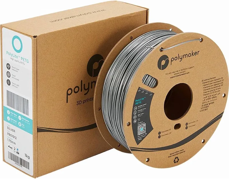 PB01012 Filament PETG Hittebestendig, Hoge treksterkte 1.75 mm 1000 g Zilver PolyLite™ 1 stuk(s) van Polymaker in Kleurloos – productfoto