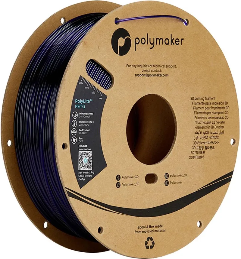 PolyLite PETG Translucent Blue 1.75 mm 1KG van Polymaker in Transparant Blauw – productfoto