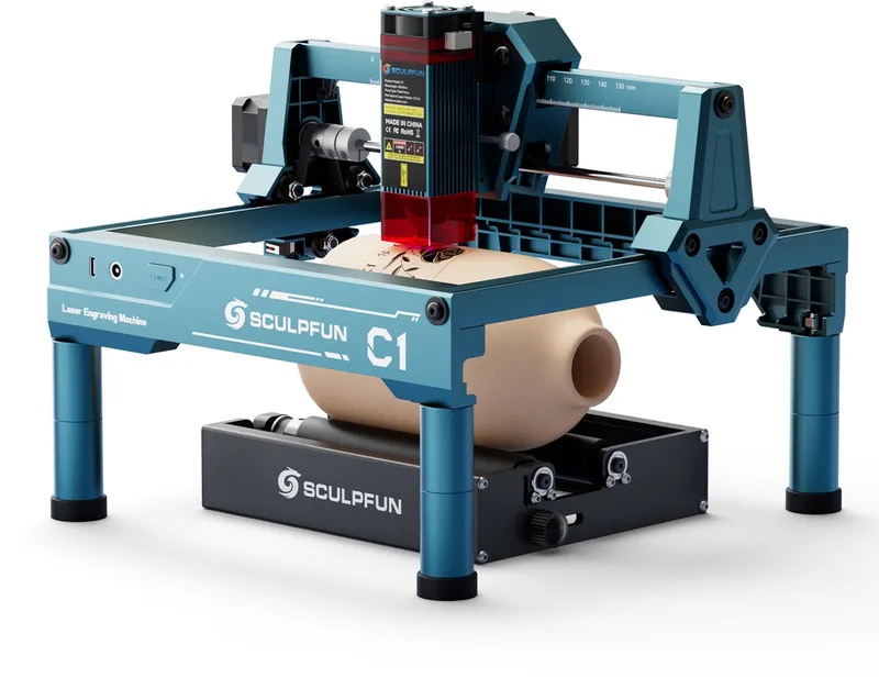 C1 3W Laser Graveermachine met RA Mini Laser Rotary Roller - 0,04 mm Hoge Precisie Lasergraveerapparaat - 360° Rotatie Graveren voor Cilindrische Objecten - 3W Lasergraveermachine - Lasergraveerder - Lasersnijmachine voor Hout van Sculpfun – productfoto