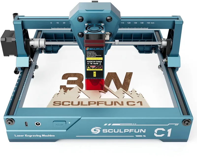 C1 3W mini-lasergraveerder, 10.000 mm/min, graveergebied 150 x 130 mm, 0,04 mm ultrafijne gecomprimeerde laserpunt, effectieve filtering van 100-500 nm van Sculpfun – productfoto