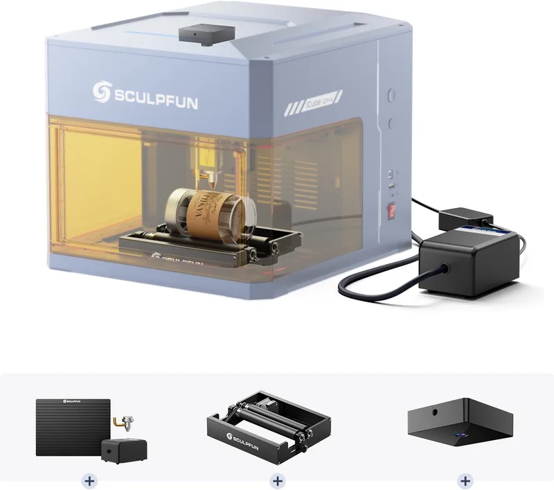 iCube Ultra PAC3 Accessoire-upgradekit - met iAP Air Assist, iCAM Camera, RA Mini Laser Rotary Roller - voor de iCube Ultra lasergraveermachine - Laser Graveermachine Accessory Upgrade Kit van Sculpfun – productfoto