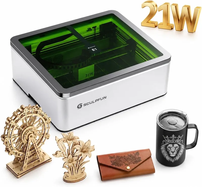 Nieuw model 2026 SCULPFUN E1 Pro 21W Gesloten lasergraveermachine - 400x320mm Graveren - Laser Graveermachine Inclusief HD-camera, Air Assist en honingraatplaat - Lasersnijmachine voor hout, metaal en acryl - Laser Cutter - Lasergraveerder van Sculpfun – productfoto