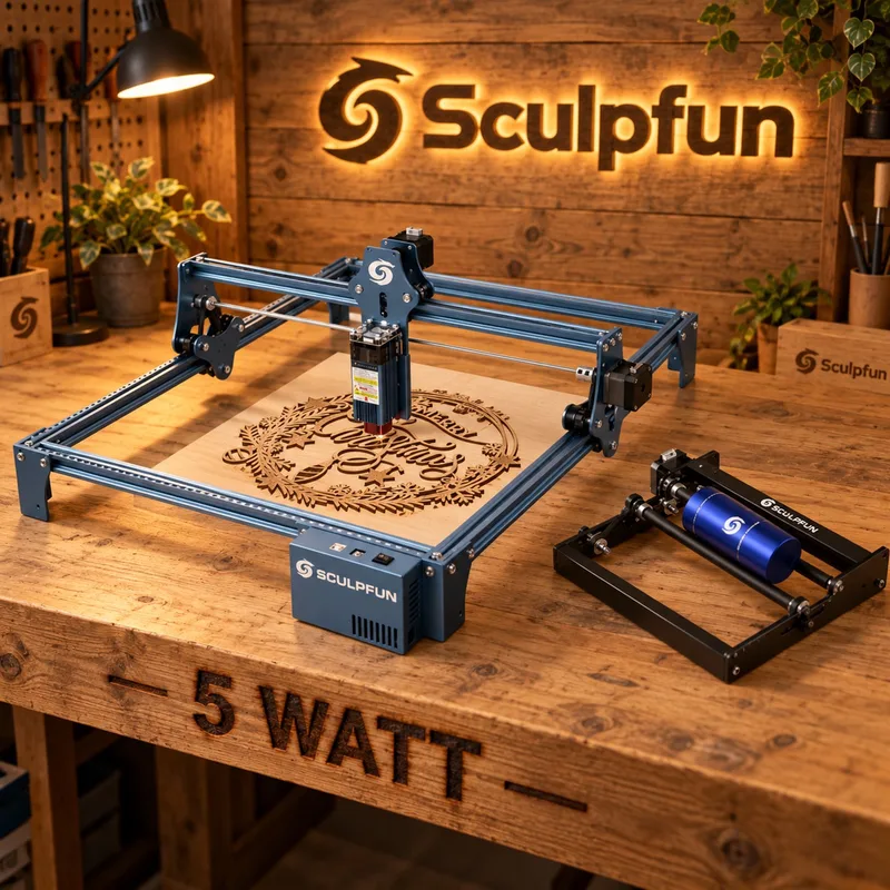 s9 Laser Graveermachine 2 in 1 Set - Met Rotary Roller - Graveer Ook Ronde Objecten - Verhoogde Voeten Meegeleverd - Brede Compabiliteit van Sculpfun – productfoto